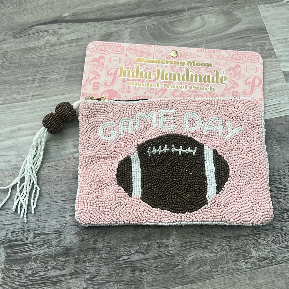 Pink Beaded Football Coin Purse Wandering Moon Handmade in India NWT